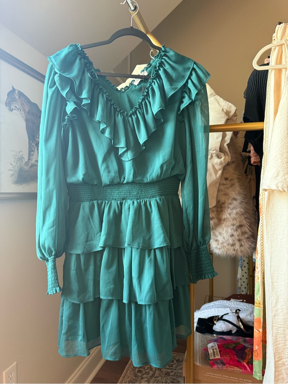 Teal Ruffled Tiered Long-Sleeve Dress